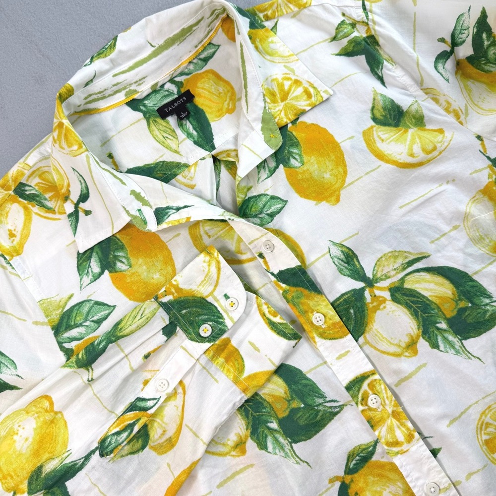 Talbots Women's White Yellow Lemon Print Button Down Shirt L Cotton Cottagecore - Picture 10 of 11